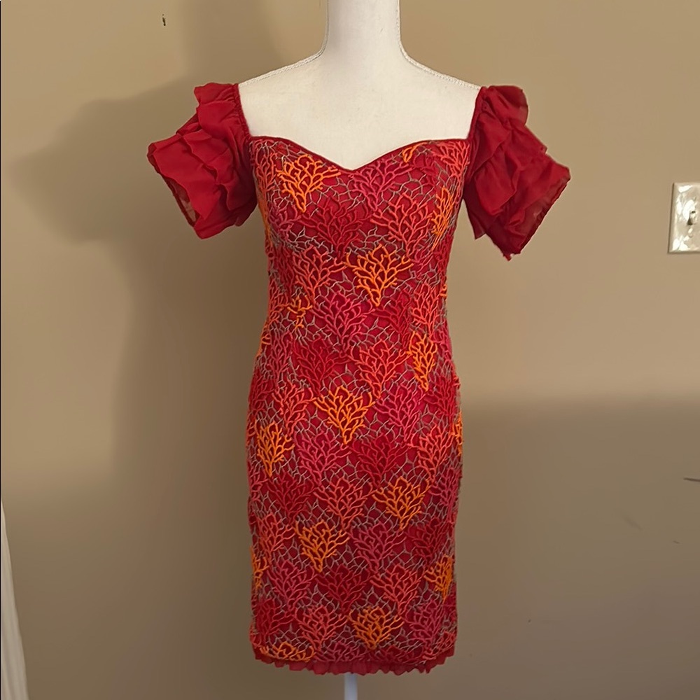 Vintage Spaghetti Elegant Red and Orange Off-Shoulder Dress
